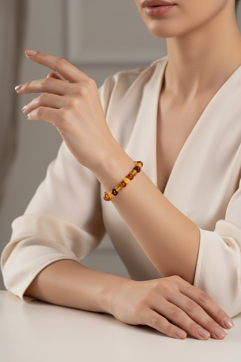 Mujer árabe con pulsera de ámbar multicolor