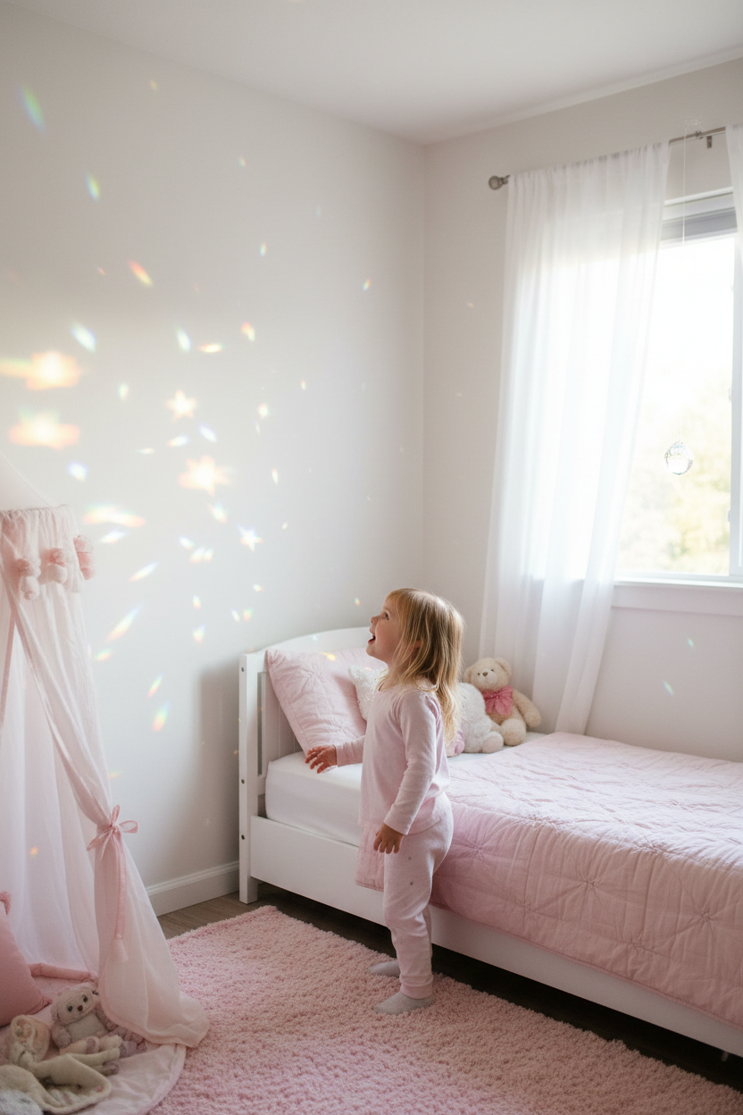 Niña admirando luz arcoíris en habitación infantil
