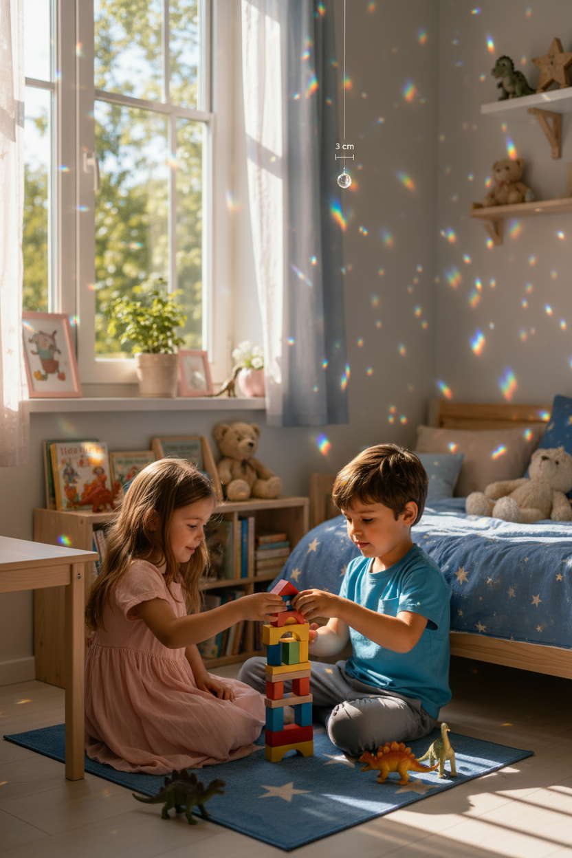 Niño y niña construyendo bloques con arcoíris de bolas feng shui en habitación infantil