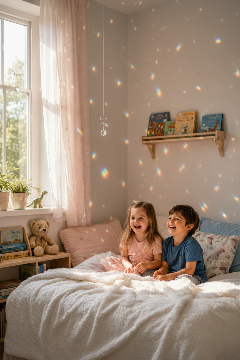 Niño y niña riendo en habitación escandinava con bolas feng shui arcoíris