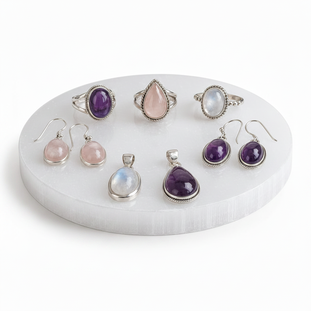 Placa selenita lisa con anillos, pendientes y colgantes de piedras naturales