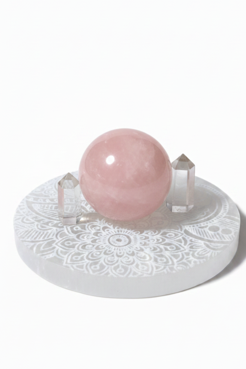 Placa selenita mandala con esfera de cuarzo rosa y dos puntas de cuarzo