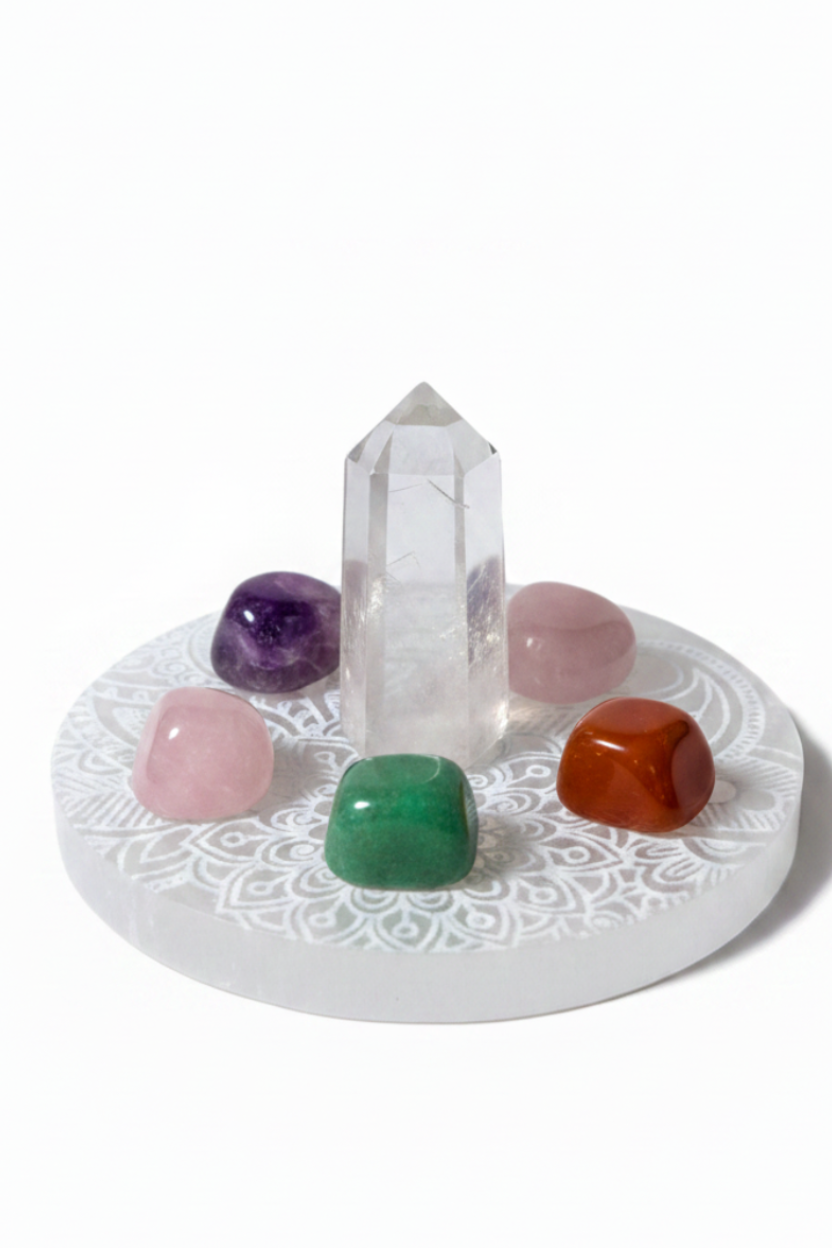 Placa selenita mandala con punta de cuarzo y 5 minerales equilibrados
