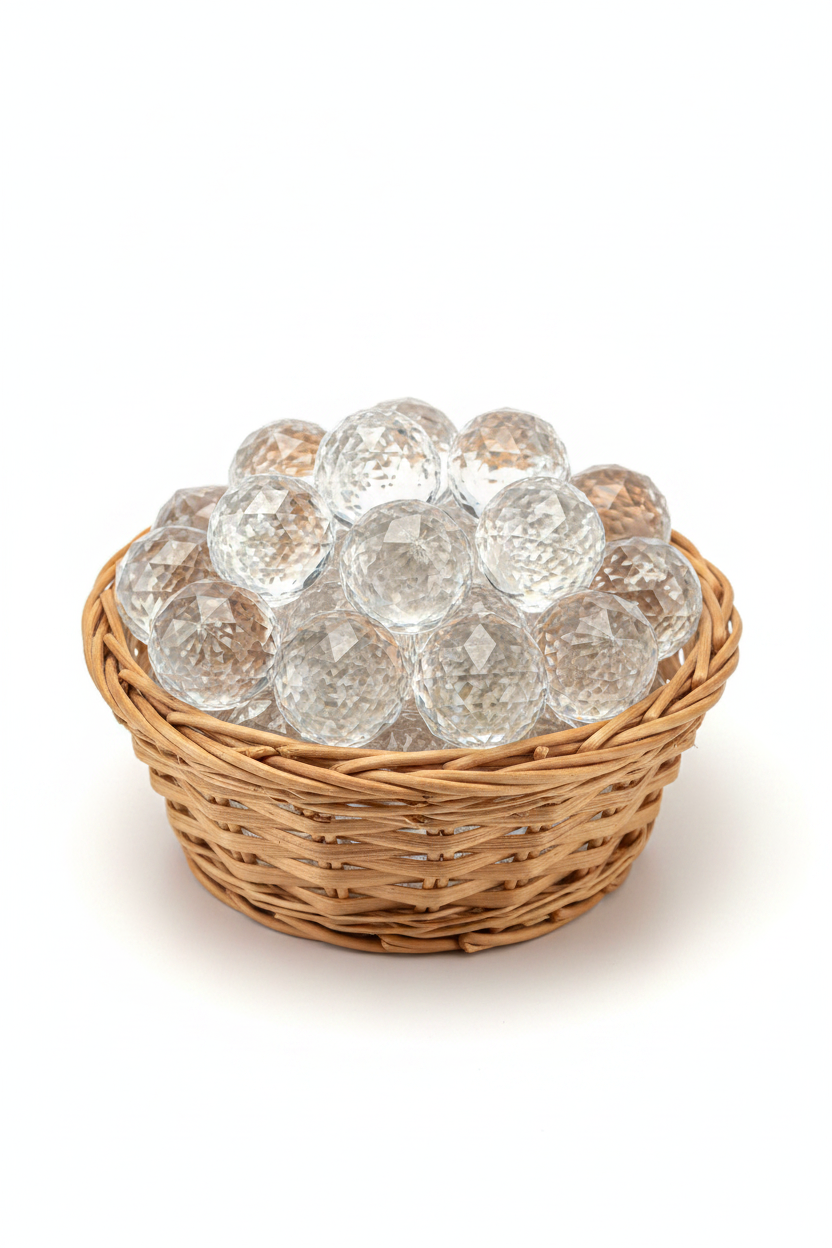 Primer plano bolas feng shui cristal en cestito de mimbre