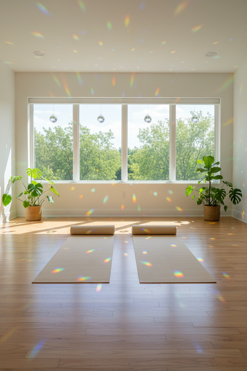 Sala de yoga amplia con ventanales y bolas feng shui arcoíris