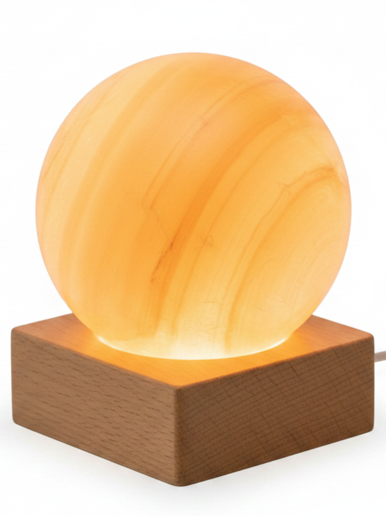 Lampara de selenita naranja sobre base LED de madera y fondo blanco