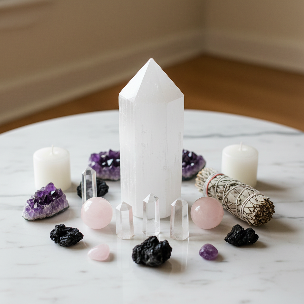 Torre de selenita blanca en altar zen sobre mármol con cuarzos, amatista y salvia