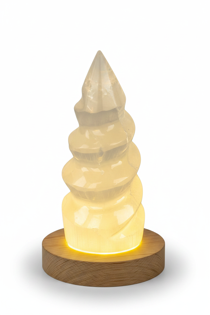 Torre de selenita unicornio sobre base LED de madera irradiando luz amarilla soleada