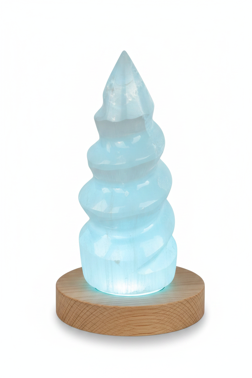 Torre de selenita unicornio sobre base LED de madera irradiando luz azul cielo suave