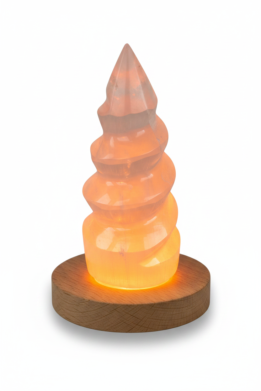 Torre de selenita unicornio sobre base LED de madera irradiando luz naranja cálida