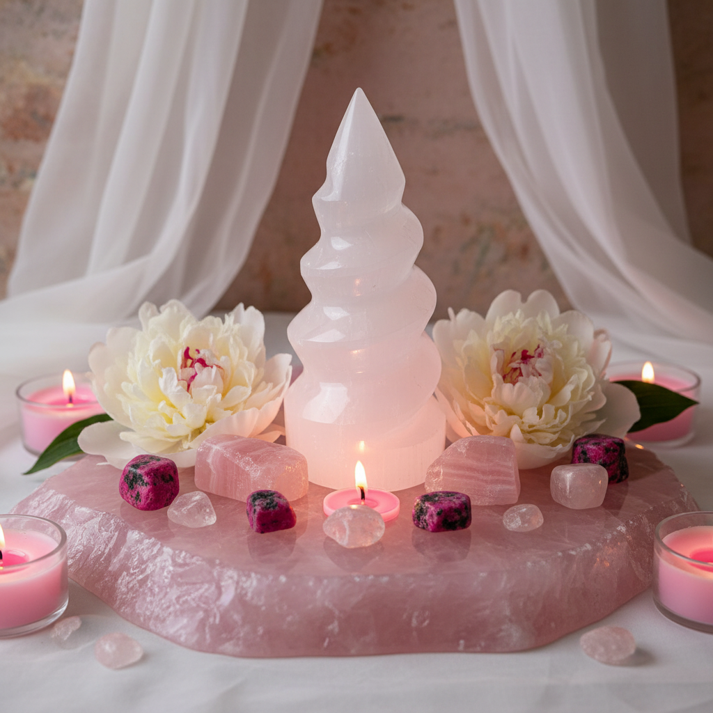 Torre Espiral de Selenita en altar de chakra corazón con cuarzo rosa
