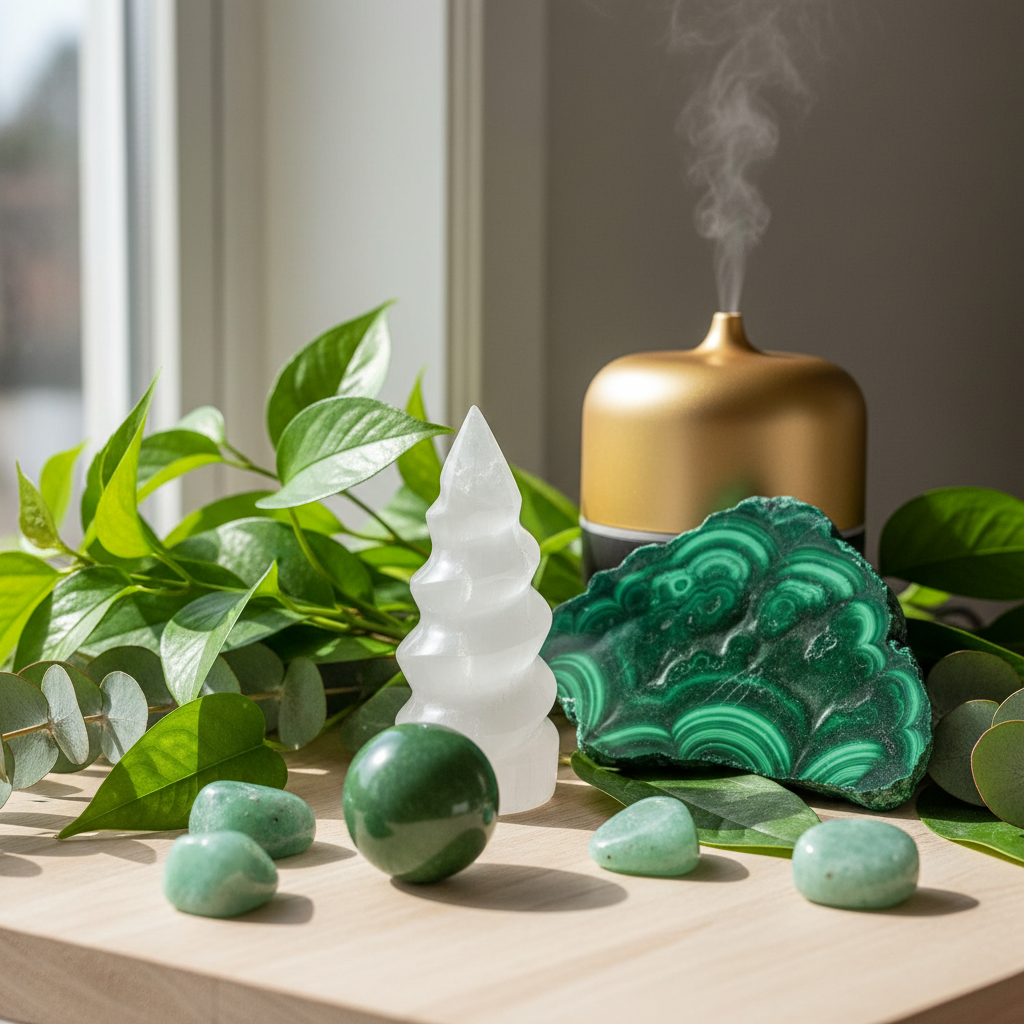 Torre Espiral de Selenita en altar de prosperidad con malaquita y jade