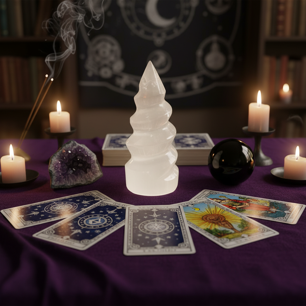 Torre Espiral de Selenita en mesa de lectura de tarot