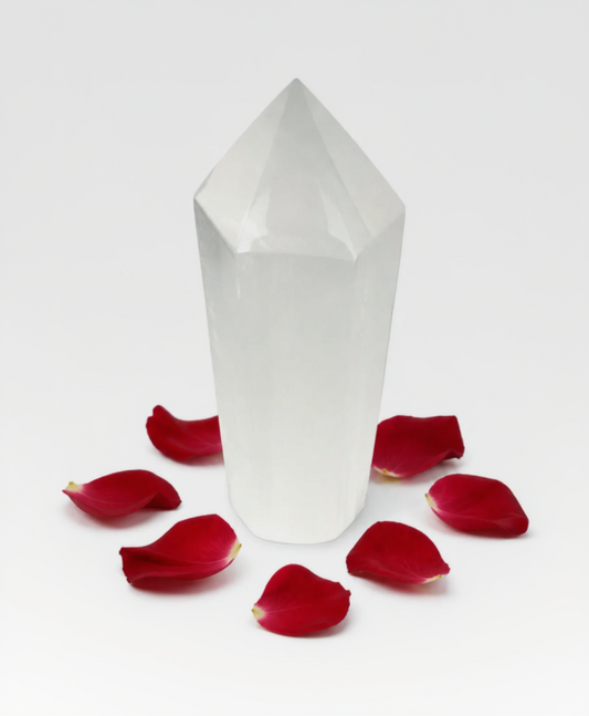 Punta generadora de selenita blanca 10 cm con petalos rojos