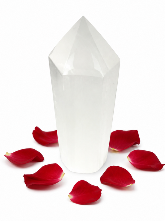 Punta generadora de selenita blanca de 10 cm con petalos rojos 