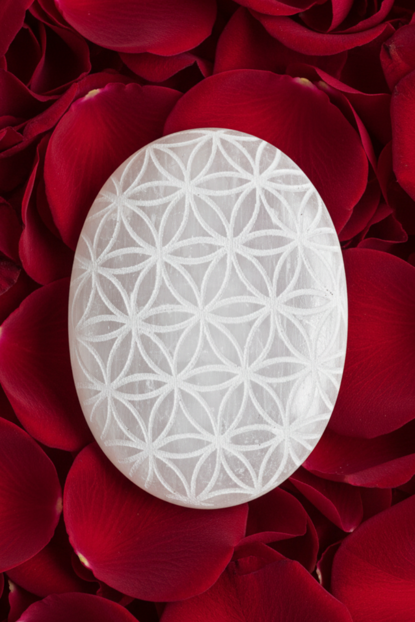 Vista cenital palmstone selenita Flor de la Vida sobre cama de pétalos de rosa roja
